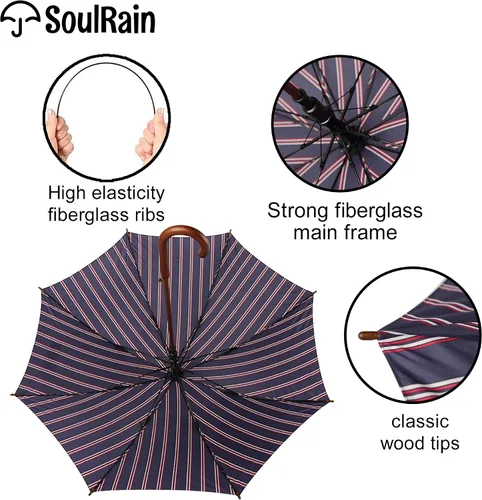 Vista 6 de SoulRain Paraguas clásico con mango de madera de 48 pulgadas, apertura automática, resistente al viento, transparente, irrompible, paraguas