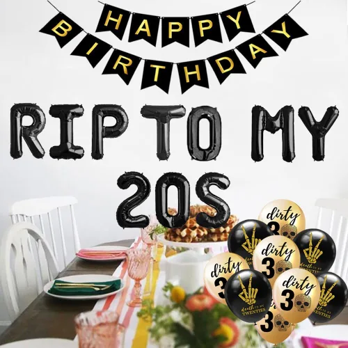 Vista 4 de RIP To My 20s 30th Birthday - Suministros para fiesta de 30 años, globos RIP TWENTIES, pancarta de feliz cumpleaños para muerte a mis 20 años