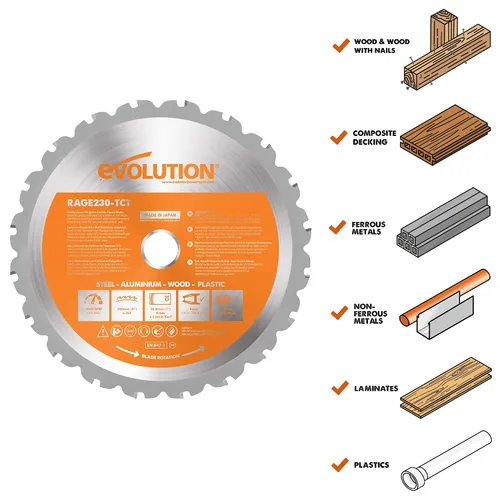 Vista 2 de Evolution Power Tools RAGE230BLADE - Cuchilla TCT multimaterial para sierras, corta acero suave, aluminio, plásticos y madera, 9 pulgadas