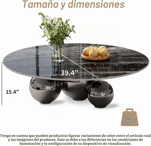 Vista 2 de Mesa de centro redonda moderna de mármol, 39.4 pulgadas, parte superior de aspecto de mármol negro con base de bola negra, mesa central para sala