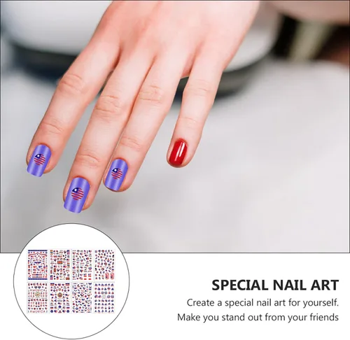 Vista 7 de RIICFDD 8 hojas de calcomanías para uñas del 4 de julio, autoadhesivas 3D de bandera de Estados Unidos para arte de uñas, calcomanías del día