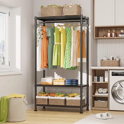 Vista 7 de LEHOM G1 Perchero resistente de ropa, perchero enrollable de 3 niveles para colgar ropa, perchero ajustable de alambre con estantes