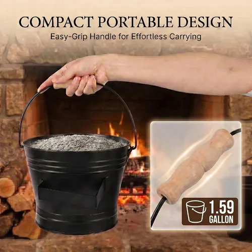 Vista 5 de Kit de limpieza de estufa y chimenea de 4 piezas: cubo de ceniza pequeño de 1.59 galones, cepillo, guantes, juego de herramientas de paleta
