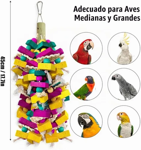 Vista 2 de Juguetes grandes para pájaros, bloque de madera multicolor con soporte de bambú, juguete para masticar pájaros, jaula de loro, juguete de mordida