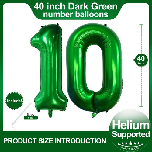 Vista 2 de Globos de color verde oscuro con el número 10 de 40 pulgadas, globos de helio de papel de aluminio de 10 pulgadas para decoración de eventos de 10º