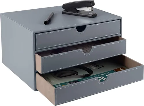 Vista 9 de Organizador de escritorio de piel sintética con 3 cajones, suministros de oficina ejecutivos, archivador A4, soporte para joyas, facturas, papel