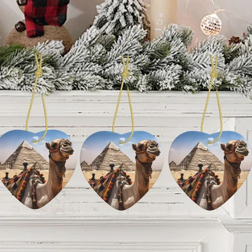 Vista 9 de Pirámide Camel Print Adornos de Navidad Corazón Cerámica Árbol de Navidad Adornos Colgantes de Porcelana Colgante para Decoración de Vacaciones