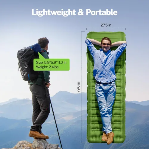 Vista 21 de OGERY Colchoneta de dormir para campamento, almohadilla de dormir reforzada extra gruesa de 6 pulgadas con almohadas y bomba de pie integrada Azul