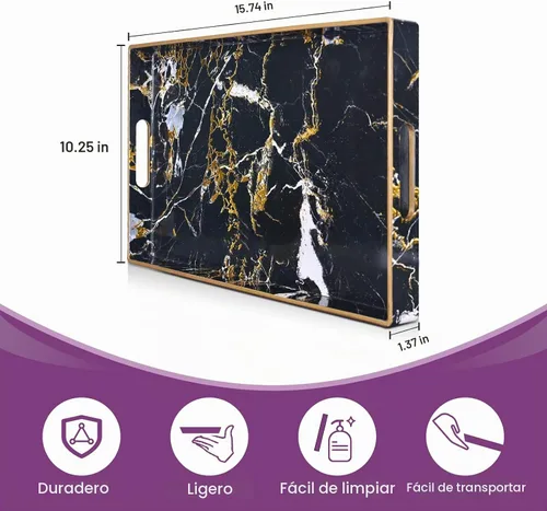 Vista 2 de Gifturbo - Bandeja de servir negra, bandejas de servir decorativas de mármol con asas, bandejas rectangulares de plástico para mesa de café otomanas