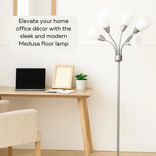 Vista 6 de LIGHTACCENTS Lámpara de pie Medusa de 5 luces para dormitorio – Lámpara de pie con múltiples cabezas y 5 pantallas de acrílico blanco, lámpara araña
