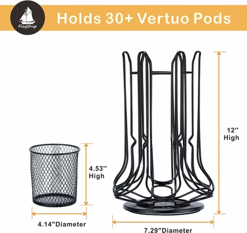 Vista 2 de FlagShip Soporte para cápsulas Nespresso, carrusel de cápsulas de café para almacenamiento de cápsulas Vertuo con cesta adicional de rodamiento