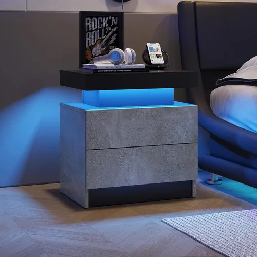 Vista 16 de Juego de 2 mesitas de noche LED negras, juego de 2 mesitas de noche modernas con 2 cajones, mesa auxiliar con luces LED para dormitorio, sala