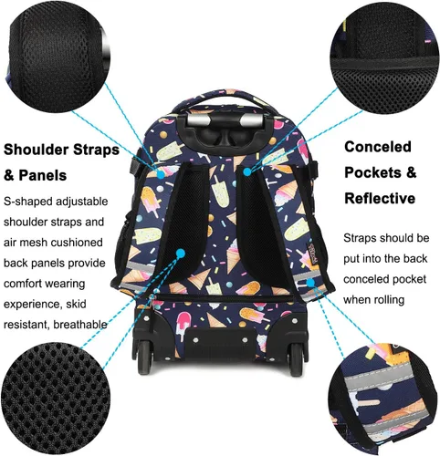 Vista 3 de Tilami Mochila rodante Armadura Equipaje Escuela Libro de Viaje Portátil 18 Pulgadas Mochila con Ruedas Multifunción Estudiantes, negro verano