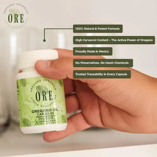Vista 3 de ORE Aceite de Orégano en Cápsulas Blandas 80% Carvacrol Orégano Silvestre Mexicano Apoyo Herbal Inmunológico y Respiratorio Suplemento Natural