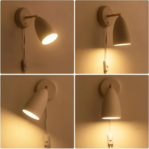 Vista 2 de Juego de 2 apliques de pared blancos con acabado giratorio de simplicidad para dormitorio, sala de estar, enchufe o cable duro E-Blanco-2 Pack