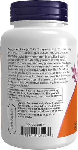Vista 3 de NOW Suplementos, MSM (metilsulfonilmetano) 1,000 mg, salud articular*, 120 cápsulas vegetales