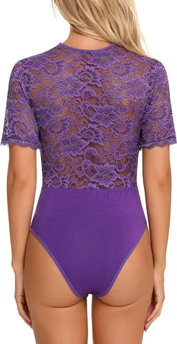 Vista 3 de Gladiolus Body de encaje sexy para mujer, cuello en V profundo, entrepierna a presión, manga corta, tallas S-XXXL