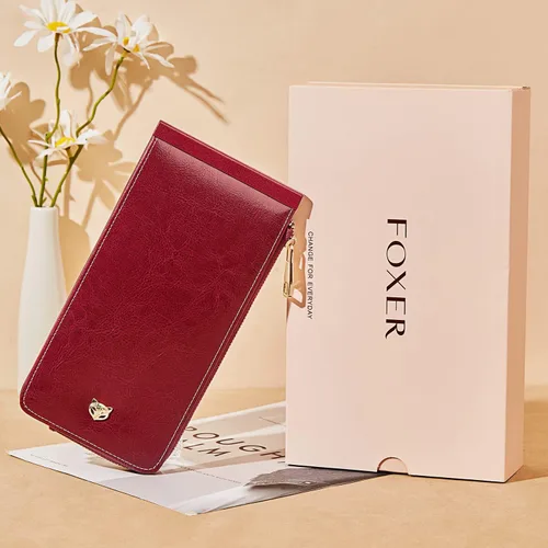 Vista 7 de FOXLOVER Portatarjetas de crédito múltiples para mujer, con bloqueo RFID, cartera de cuero para mujer con bolsillo con cremallera, rojo vino