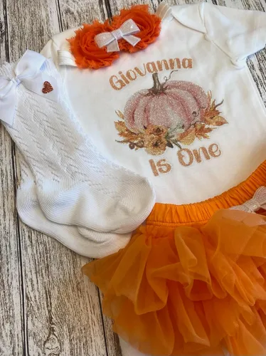 Vista 10 de First Birthday Pumpkin Baby Girl Personalized Name Bodysuit This Pumpkin is One Optional Accessories