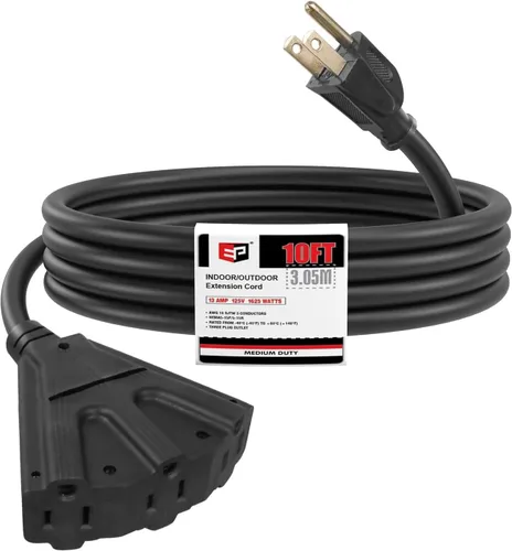 Vista 32 de EP Cable de extensión para exteriores de 6 pies, 16/3 SJTW, 3 tomas de corriente eléctrica, negro Enchufe a tierra de 3 puntas, para luces