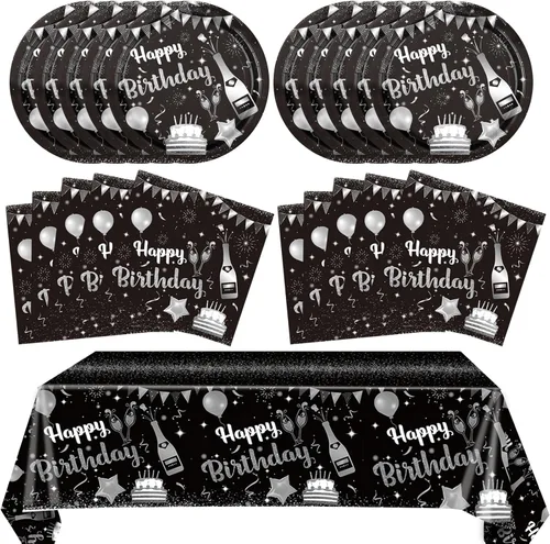 Vista 8 de Juego de 41 piezas de vajilla de decoración de fiesta de cumpleaños azul marino y negro, incluye platos, servilletas, mantel para hombres y mujeres