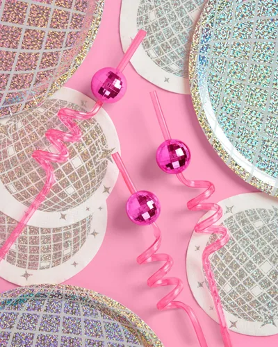 Vista 4 de xo, Fetti Juego de pajitas espirales de bola de discoteca rosa, 16 piezas, decoraciones de fiesta de cumpleaños de eras, regalo de fiesta de club