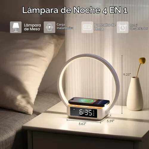 Vista 3 de WILIT Lámpara de mesita de noche con reloj despertador, lámpara táctil con cargador inalámbrico, luz nocturna para dormitorio, luz de despertar