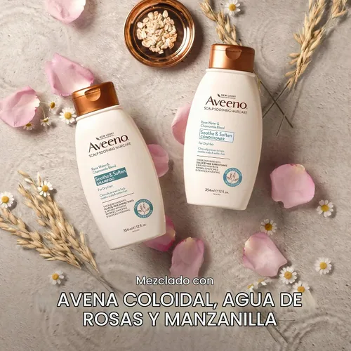 Vista 5 de Aveeno Champú de agua de rosas y manzanilla para cabello seco, hidratante