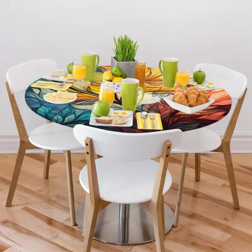 Vista 7 de Pardick Mantel redondo ajustado con borde elástico, mantel de mesa redonda con diseño de hojas abstractas y coloridas, impermeable y lavable, ideal