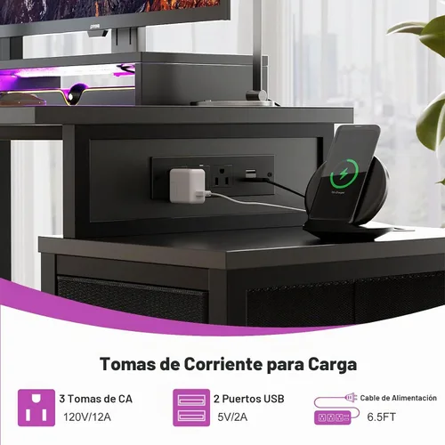 Vista 6 de Escritorio pequeño para juegos con 2 cajones de tela, escritorio reversible para computadora con toma de corriente y luces LED, escritorio