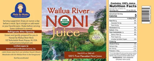 Vista 2 de Wailua River Noni Juice - Jugo de noni hawaiano 100% orgánico auténtico - Certificado orgánico USDA - Cultivado en la isla de Kauai - 2 cuartos
