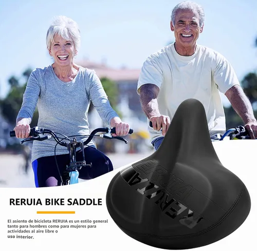 Vista 6 de Asiento de bicicleta grande y cómodo, sillín ancho con absorción de impactos, cojín de bicicleta de ejercicio de gran tamaño con espuma