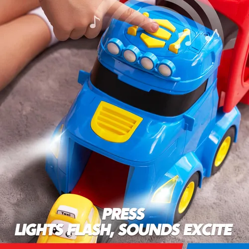 Vista 3 de Vroomix Camiones de Juguete Extra Grandes para Niños Pequeños, Camiones de Ciudad de 3 Niveles para Niños, Camión Transportador Grande 7 en 1