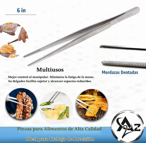 Vista 2 de Pinzas de precisión de acero inoxidable culinario profesional de 6 pulgadas con puntas dentadas, pinzas para servir con detalles de presentación
