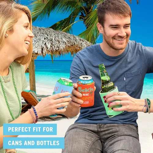Vista 3 de Enfriador de latas con temática de playa, paquete de 12 fundas divertidas para latas de verano para decoración de fiesta en la playa, neopreno