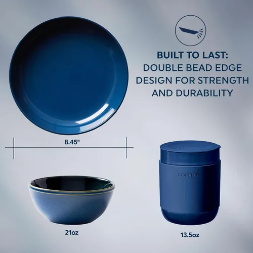 Vista 4 de Corelle Juego de vajilla de gres, platos y cuencos de cerámica esmaltada sólida y reactiva hecha a mano, platos redondos de estilo rústico moderno