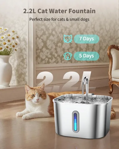 Vista 2 de Fuente de agua para gatos de acero inoxidable, fuente para gatos de 74 oz/2.2 L con bomba silenciosa, dispensador automático de agua para mascotas