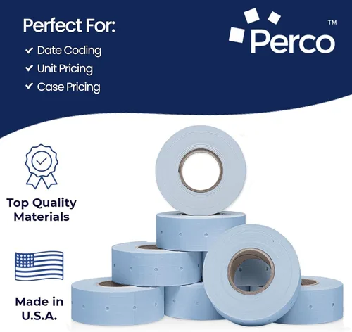 Vista 4 de Perco Etiquetas azules de 2 líneas, 6,000 etiquetas de precio en blanco y fecha para pistolas Perco de 2 líneas de precio y fecha, 8 rollos, 1