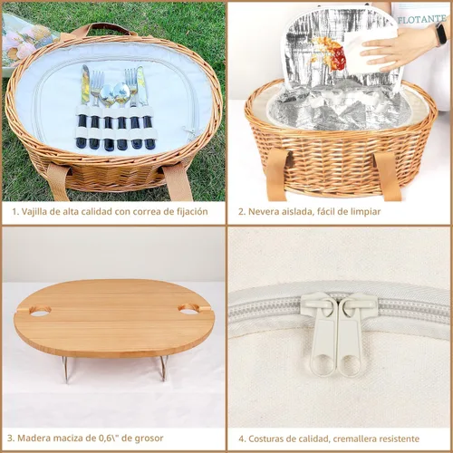 Vista 4 de Hap Tim Juego de Cesta de Picnic de Mimbre para 2 con Mini Mesa Plegable de Vino para Picnic y Bolsa Refrigeradora Grande Aislada y Kits de Servicio