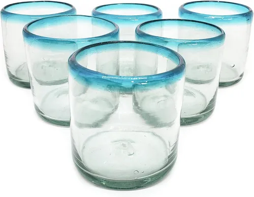 Vista 12 de Aqua Blue Rim - Juego de 6 vasos de 10 onzas (10 onzas) hecho a mano mexicana, vidrio reciclado, sin plomo, sin toxinas (mezclador)