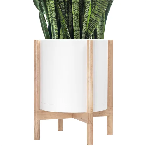 Vista 47 de Maceta de D'vine Dev con soporte - Maceta de flores de cilindro de plástico de 8.0 pulgadas con soporte de madera para interiores, maceta mate negra