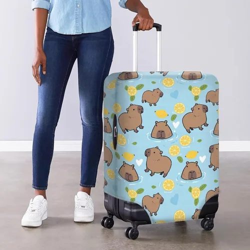 Vista 4 de COEQINE Funda para equipaje de viaje, protector de maleta, funda de equipaje lavable, tamaño S-XL (18-32 pulgadas), Blue Capy Bara Swim, L