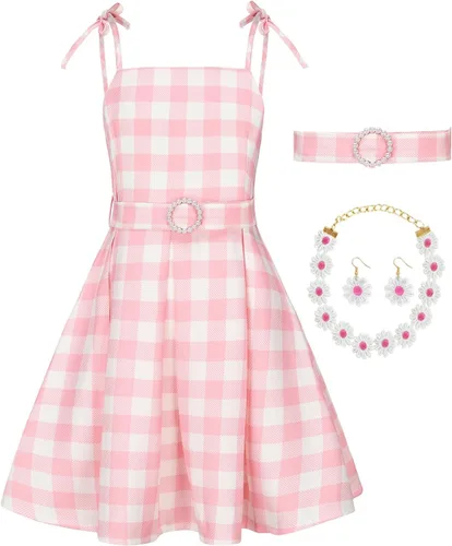 Vista 2 de HN007XL - Disfraz de princesa rosa para niñas, con cinturón de perlas y accesorios de margaritas, fiesta de cumpleaños HN007XL