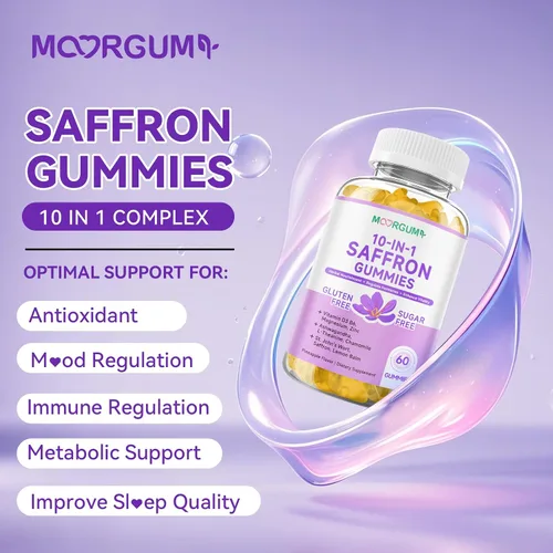 Vista 3 de Gomitas de Azafrán para Adultos y Niños, Suplemento Regulador de Cortisol 10-EN-1 con Azafrán 88.5mg, Vitamina D3, B6, Magnesio, Zinc, Ashwagandha