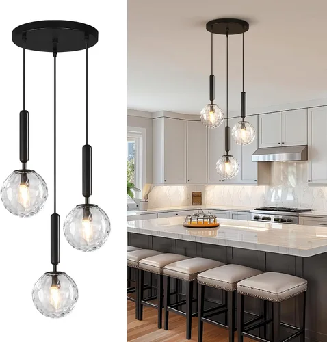 Vista 30 de Lámpara Colgante Negra Moderna Accesorio de Luz Colgante para Isla de Cocina de Mediados de Siglo con Lámpara Colgante de Globo Iluminación Colgante