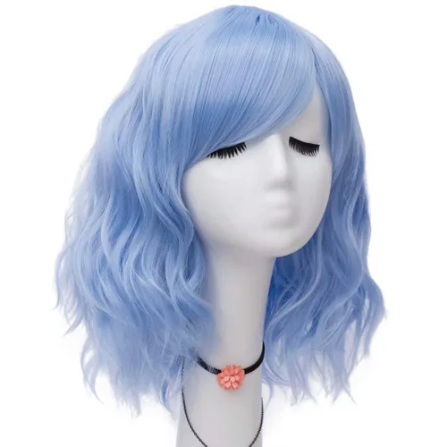 Vista 3 de Pelucas de disfraz de cosplay azul claro de 16 pulgadas para mujer, de 16 pulgadas, con flequillo lateral