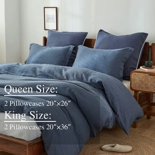 Vista 4 de Simple&Opulence Juego de 2 fundas de almohada 100% lino tamaño Queen, fundas de almohada clásicas azules con cierre superpuesto, protectores