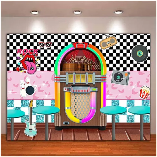 Vista 5 de XLL Fondo de fotografía de Sock Hop de los años 50 Back to 1950s Soda Shop Fondos de fotos Rock Roll Party 50s Retro Diner Time Rock Roll Decoración