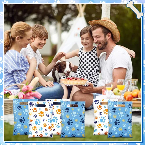 Vista 7 de Pasimy 100 bolsas de regalo de pata de perro a granel, diseño de pata de mascota, bolsas de plástico con asa para decoración de fiesta de cumpleaños