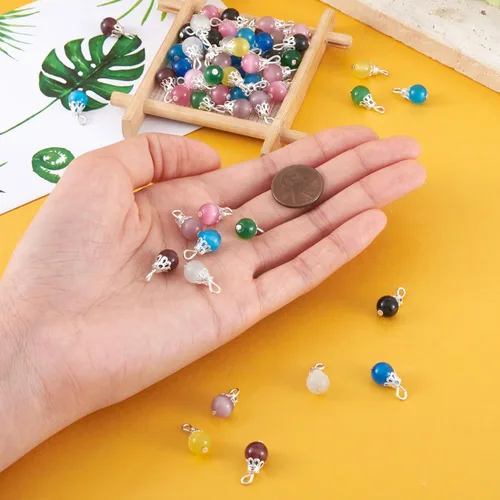 Vista 5 de KISSITTY 100 cuentas de gota de ojo de gato, 10 colores hechos a mano, colgantes colgantes de 0.315 in con tapa de cuentas para hacer joyas